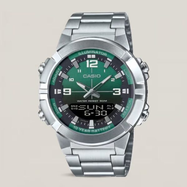 Casio AMW-870DA-3AV analog-digital watch with green dial, stainless steel band, Telememo storage, and world time features.