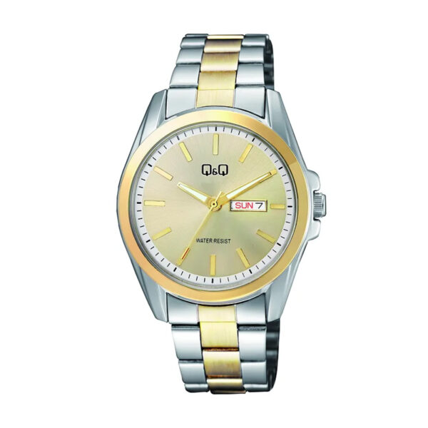 Q&Q A05A-001Y-Golden-dial-two-tone-chain-day-date-display-exclusive-mens-gift-watch