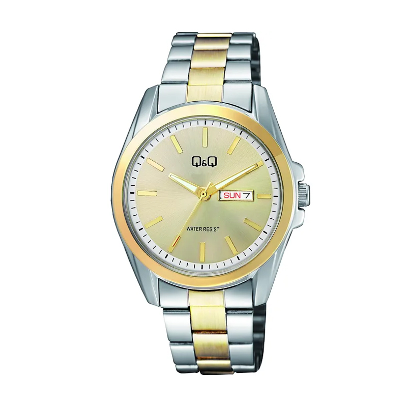 Q&Q A05A-001Y-Golden-dial-two-tone-chain-day-date-display-exclusive-mens-gift-watch