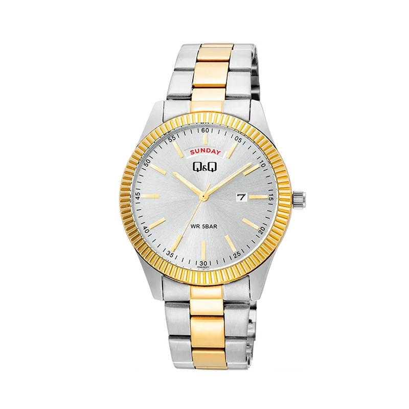 Q&Q A14A-002PY-two-tone-chain-silver-dial-day-date-display-mens-analog-dress-watch