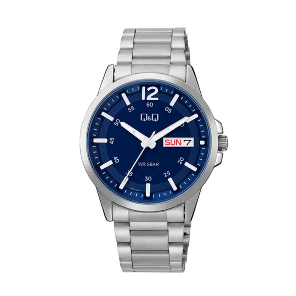 Q&Q A36A-003PY-silver-chain-stainless-steel-blue-dial-day-date-mens-dress-watch