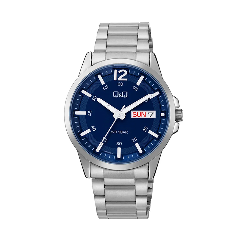 Q&Q A36A-003PY-silver-chain-stainless-steel-blue-dial-day-date-mens-dress-watch