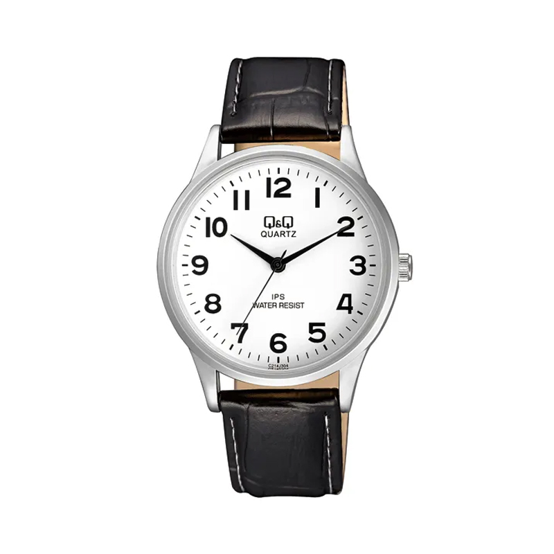 Q&Q C214J304Y-white-dial-black-leather-strap-mens-hand-watch