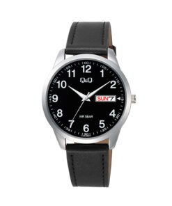 Q&Q C32A-008PY-black-leather-black-dial-day-date-display-mens-hand-watch