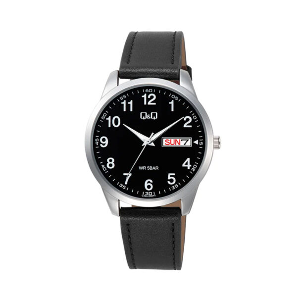 Q&Q C32A-008PY-black-leather-black-dial-day-date-display-mens-hand-watch