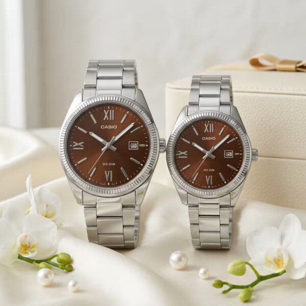 Premium Casio Brown Dial Couple Watch Set | Luxury Anniversary & Wedding Gift