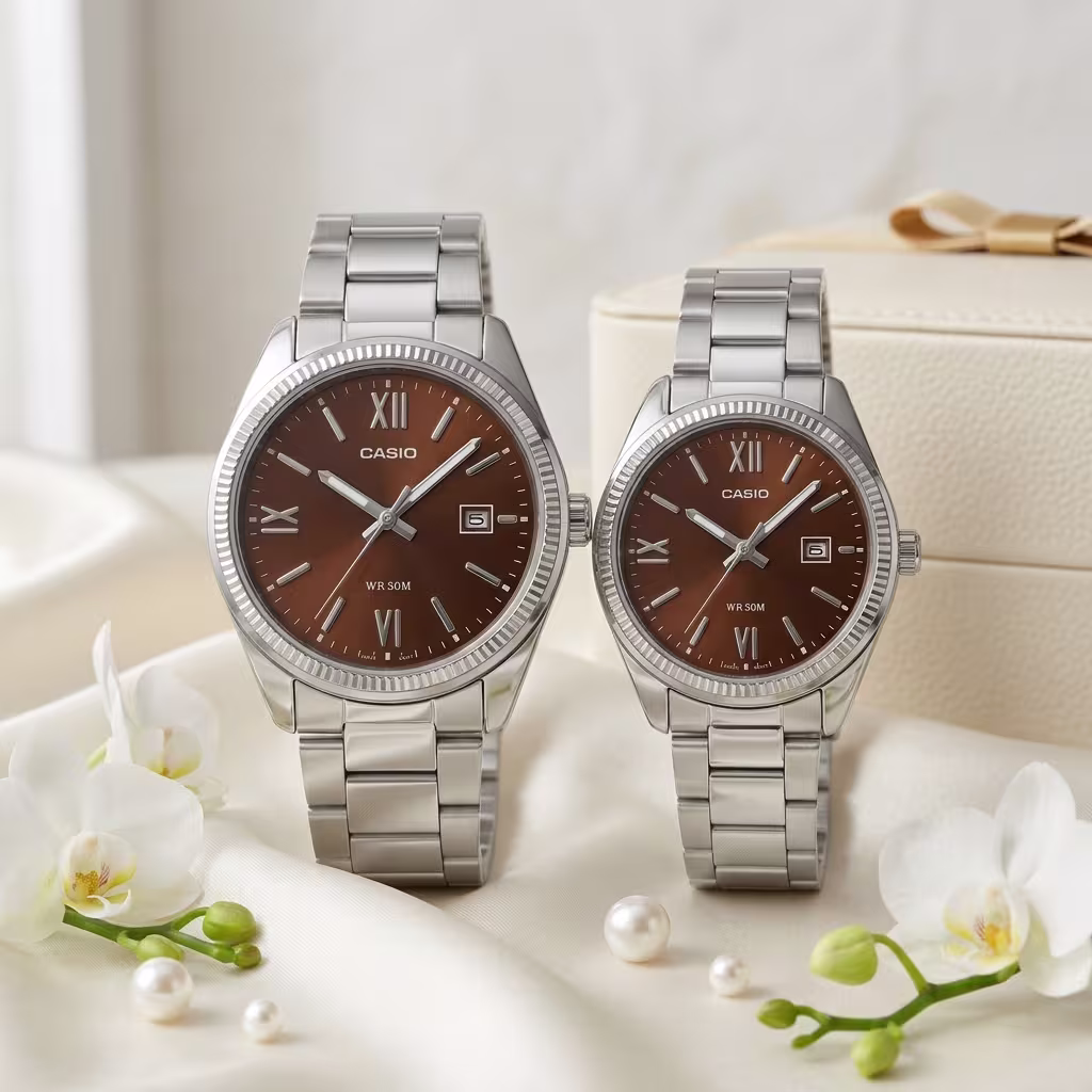 Premium Casio Brown Dial Couple Watch Set | Luxury Anniversary & Wedding Gift