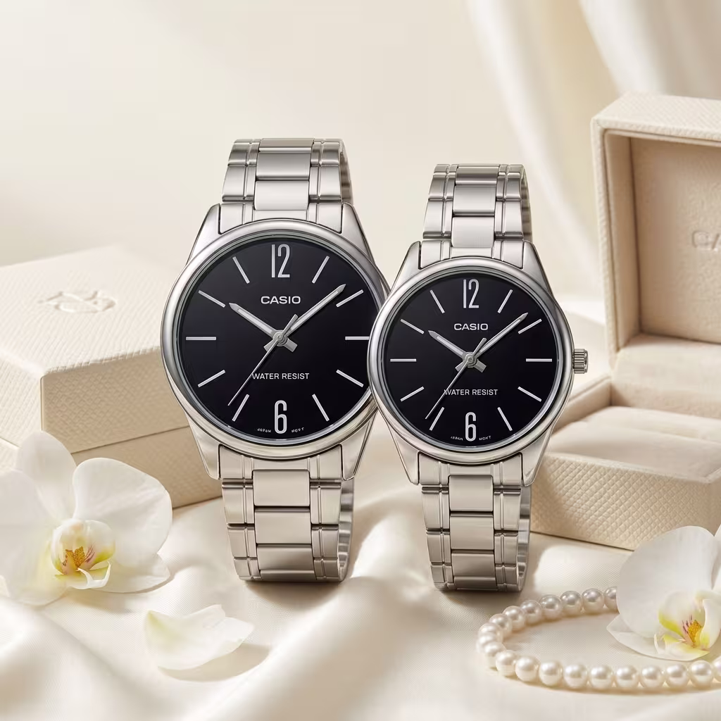 Casio Minimalist Black Dial Couple Watch Set | Elegant Matching Watches for Couples