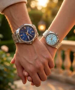Casio Premium Blue Dial Couple Watch Set showcased on couple wrists
