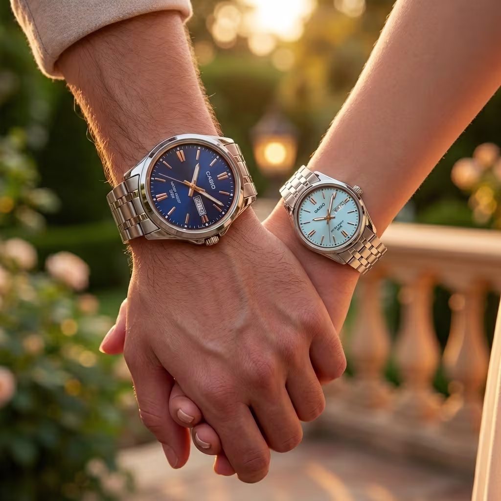 Casio Premium Blue Dial Couple Watch Set showcased on couple wrists
