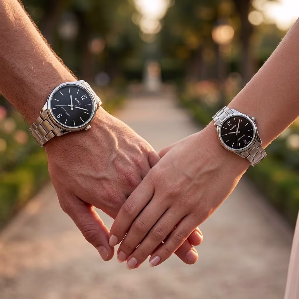 Elegant Casio Couple Watch Set in Black Dial showcased on couple wrists