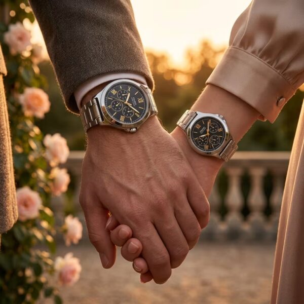 Luxury His & Her Wedding Watches showcased on couple wrists