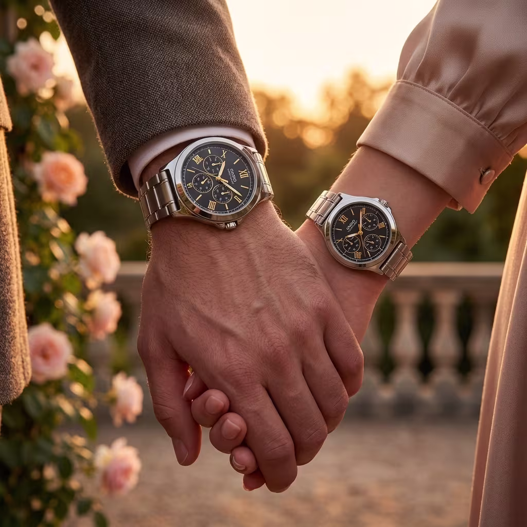 Luxury His & Her Wedding Watches showcased on couple wrists