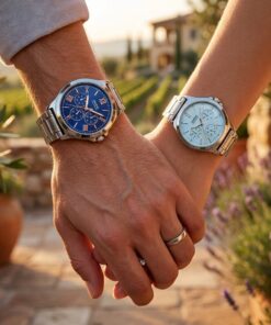 Luxury Casio Blue Dial Couple Watch Set displayed on couple wrists
