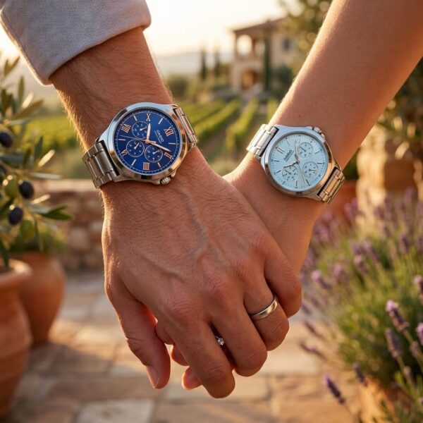 Luxury Casio Blue Dial Couple Watch Set displayed on couple wrists