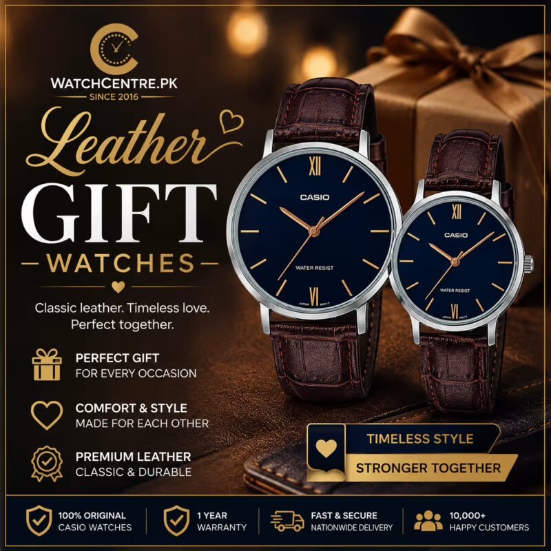 Brown leather blue dial minimalist couple wrist watch set Pakistan
