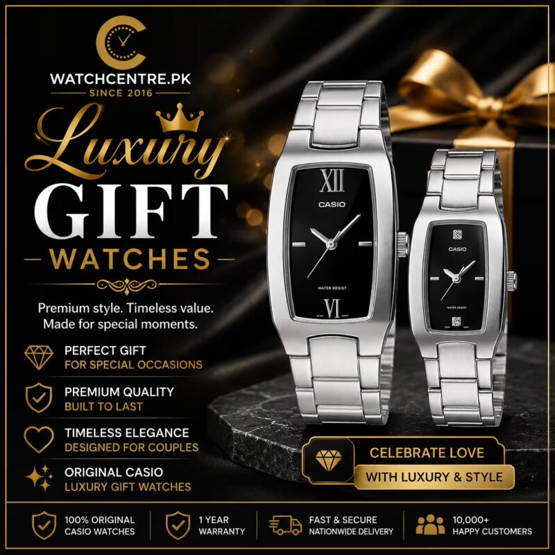 Luxury tank style rectangular couple watch set in black dial & silver chain