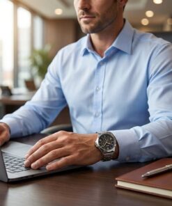 a man wearing mtp v300d 1a2 multi hand dial watch in the office
