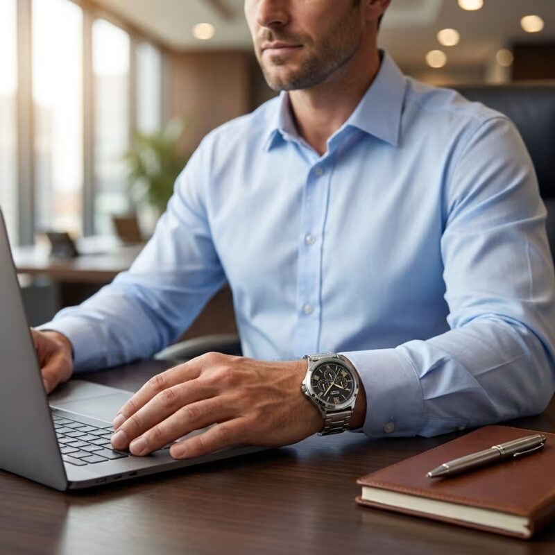 a man wearing mtp v300d 1a2 multi hand dial watch in the office