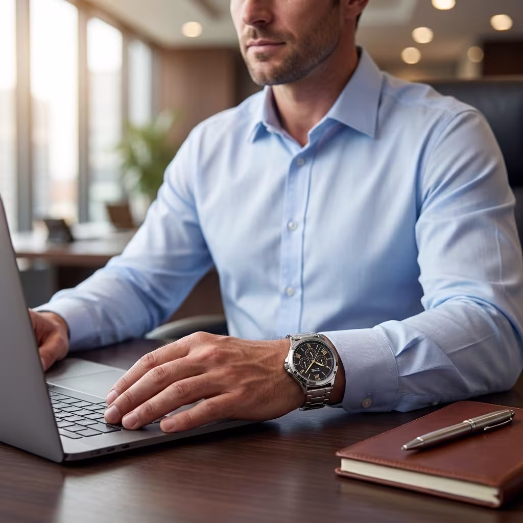 a man wearing mtp v300d 1a2 multi hand dial watch in the office