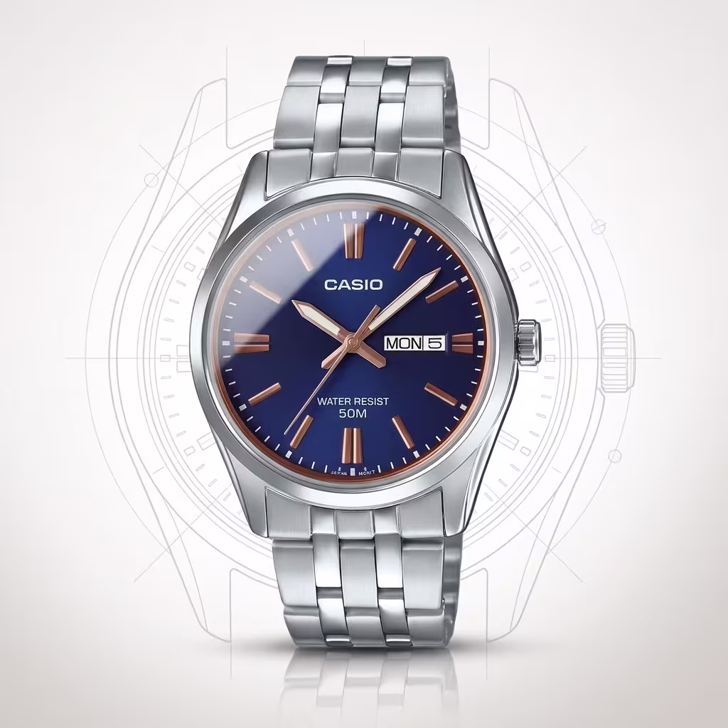 Casio MTP-1335D-2A2 Men's Blue Dial Day-Date Stainless Steel Watch | Original Casio Pakistan