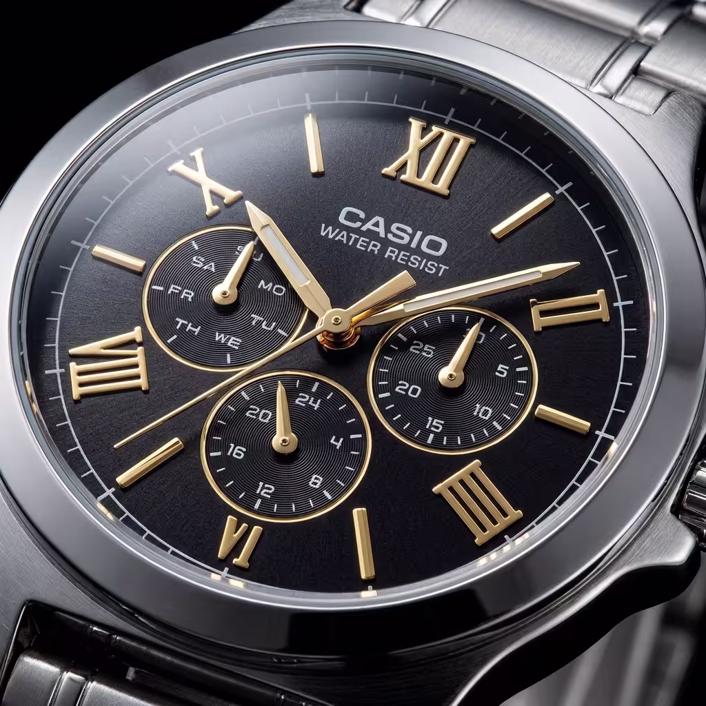 dial close up of Casio mtp v300d 1a2 multi hand dial men's watch