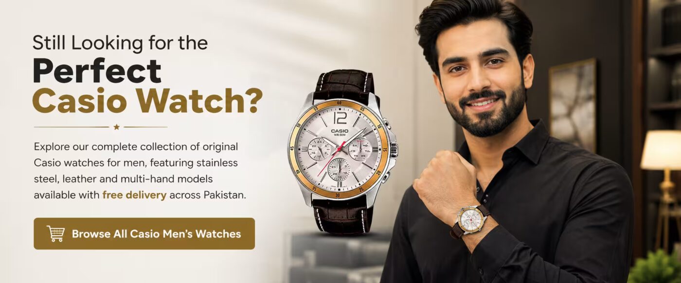 Perfect Casio Watch banner with Pakistani male wearing Casio multi-hand dial watch