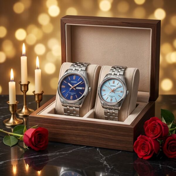 Casio His & Her Stainless Steel Watch Set display