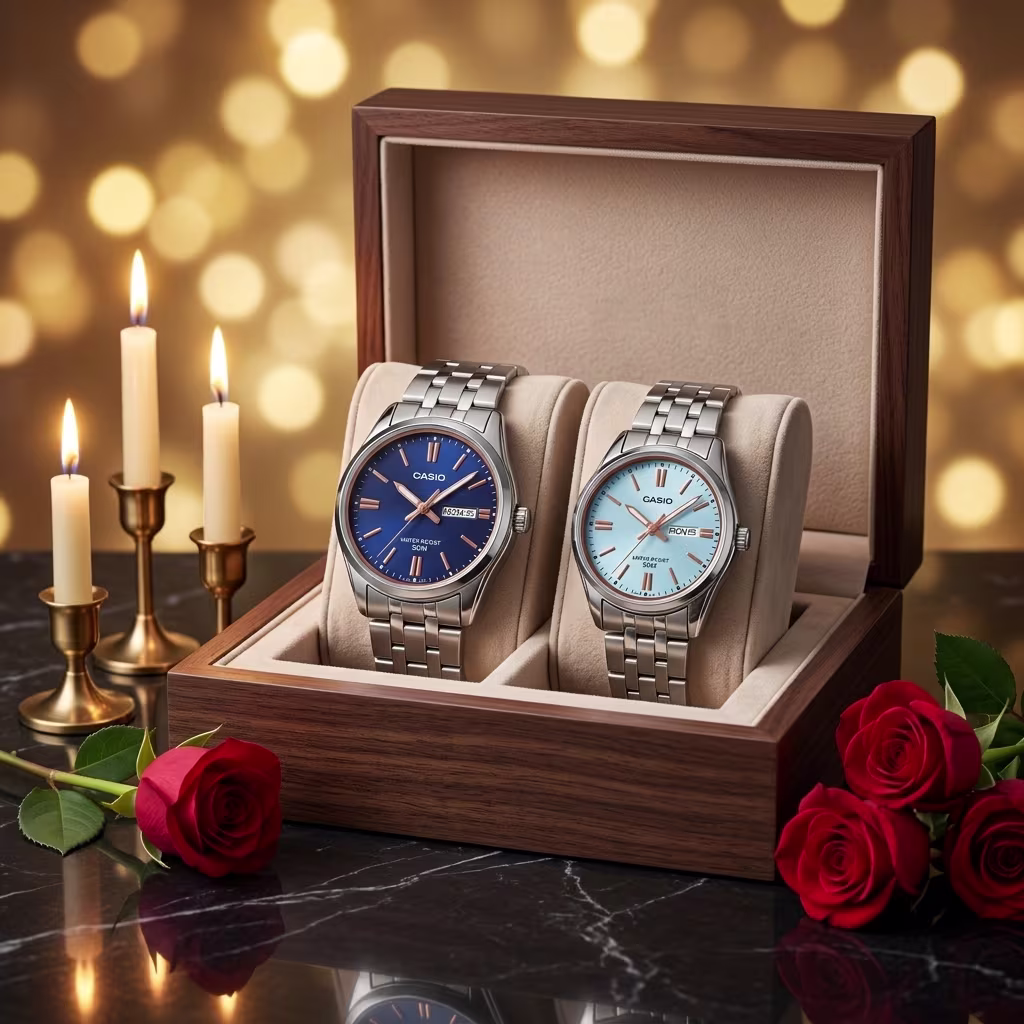 Casio His & Her Stainless Steel Watch Set display