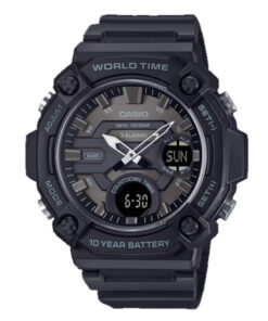 Casio AEQ-120W-1BV black analog-digital watch with 100m water resistance, world time, and Telememo contact memory.