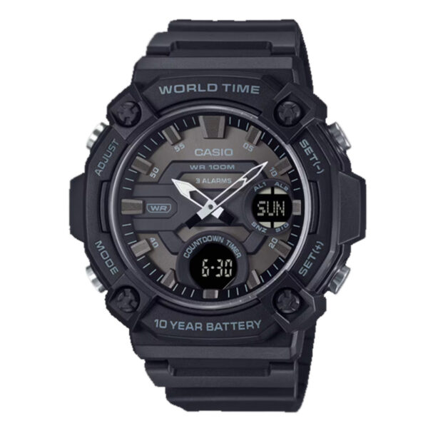 Casio AEQ-120W-1BV black analog-digital watch with 100m water resistance, world time, and Telememo contact memory.