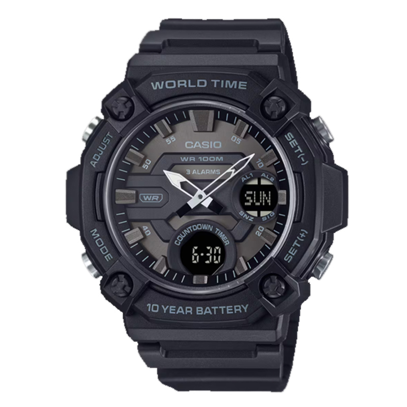 Casio AEQ-120W-1BV black analog-digital watch with 100m water resistance, world time, and Telememo contact memory.