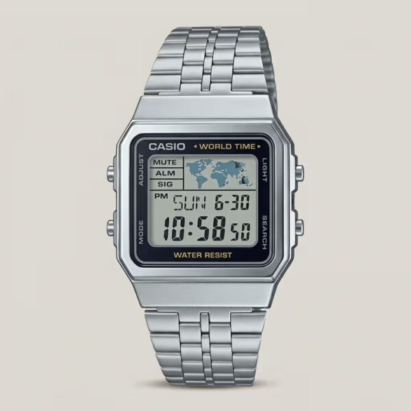 Casio A-500WA-1D retro digital watch with world map display, stainless steel band, world time, countdown timer, and amber LED backlight.
