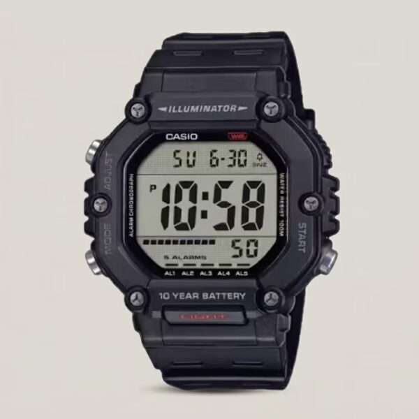 Casio AE-1600H-1A black digital watch with oversized case, dual time, countdown timer, and amber LED backlight.