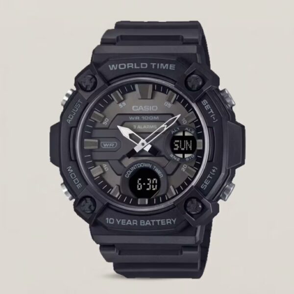 Casio AEQ-120W-1BV black analog-digital watch with 100m water resistance, world time, and Telememo contact memory.
