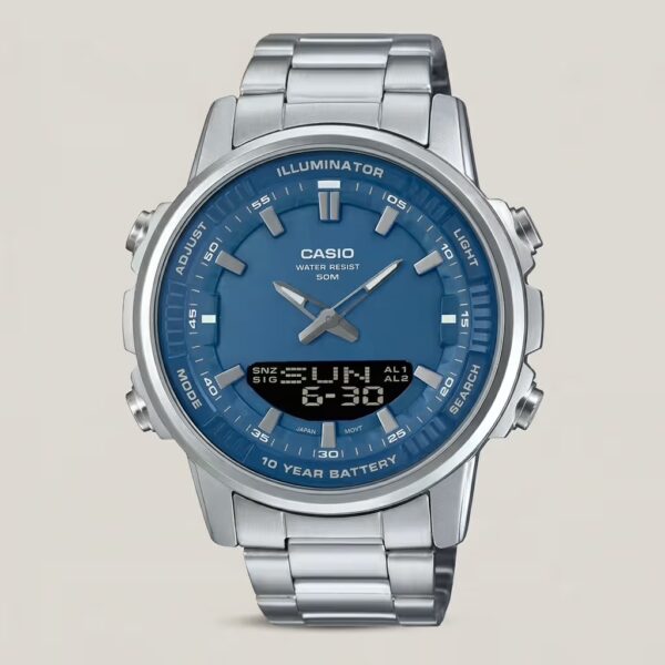 Casio AMW-880D-2A1V analog-digital watch with stainless steel band, blue dial, Telememo memory, and world time functionality.