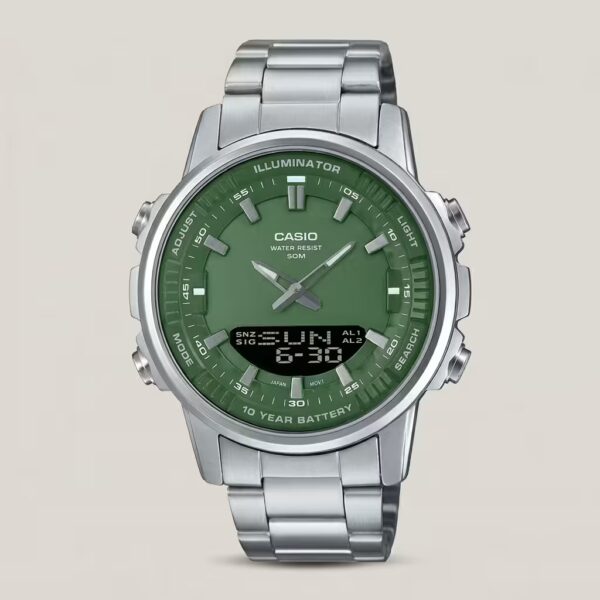 Casio AMW-880D-3A men's analog-digital stainless steel watch with green dial, Illuminator light, digital display and 50M water resistance