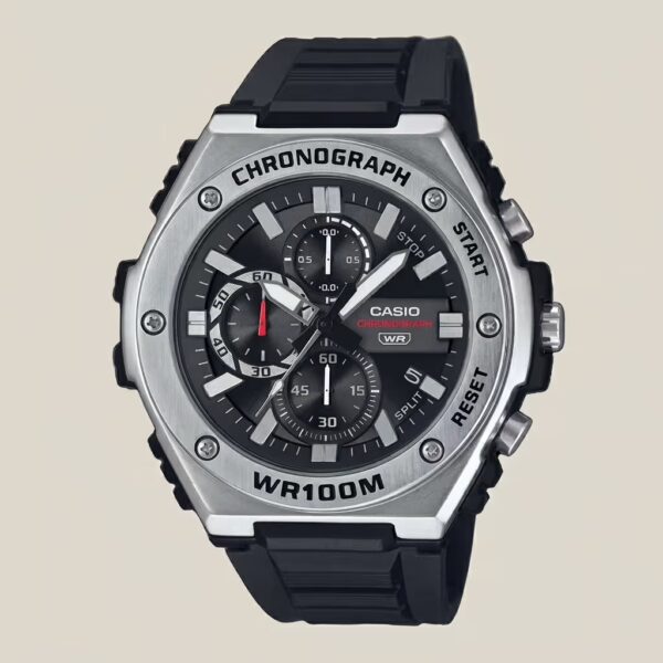 Casio MWA-300H-1AV analog chronograph-style watch with black dial, stopwatch sub-dials, resin band, and 100-meter water resistance.