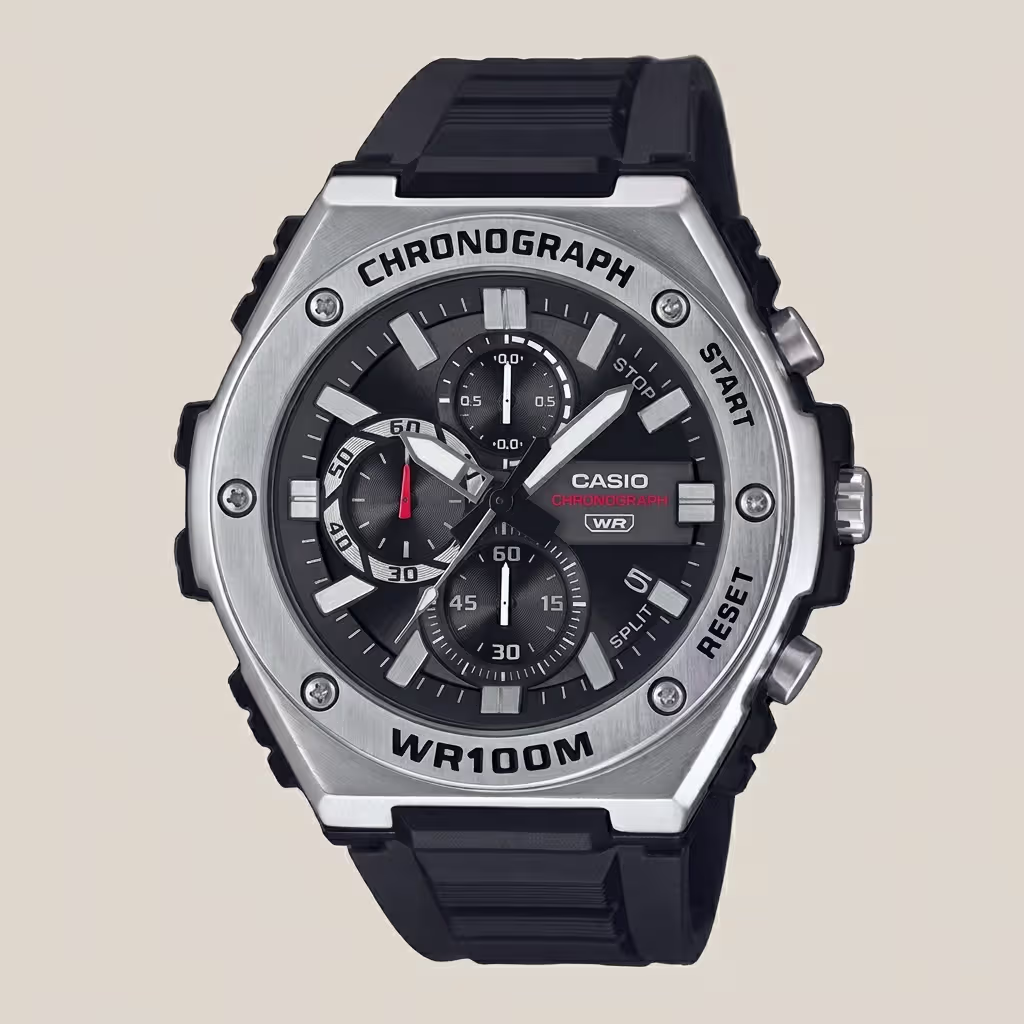 Casio MWA-300H-1AV analog chronograph-style watch with black dial, stopwatch sub-dials, resin band, and 100-meter water resistance.