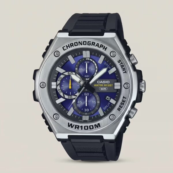 Casio MWA-300H-2A analog watch with sporty blue dial, chronograph sub-dials, resin band, and 100M water resistance.