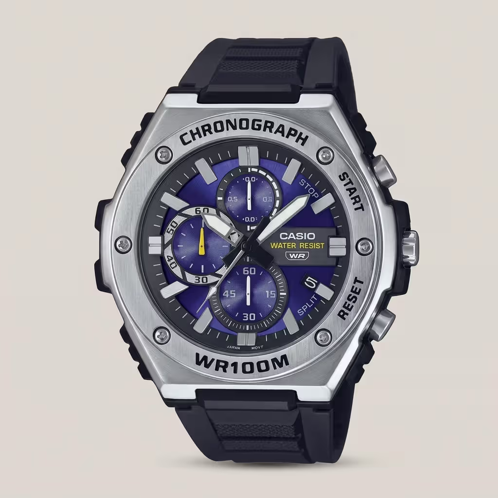 Casio MWA-300H-2A analog watch with sporty blue dial, chronograph sub-dials, resin band, and 100M water resistance.