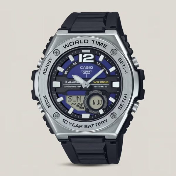 Casio MWQ-100-2AV men's analog-digital watch with blue dial accents, black resin band, world time, 3 alarms, 100M water resistance and 10-year battery
