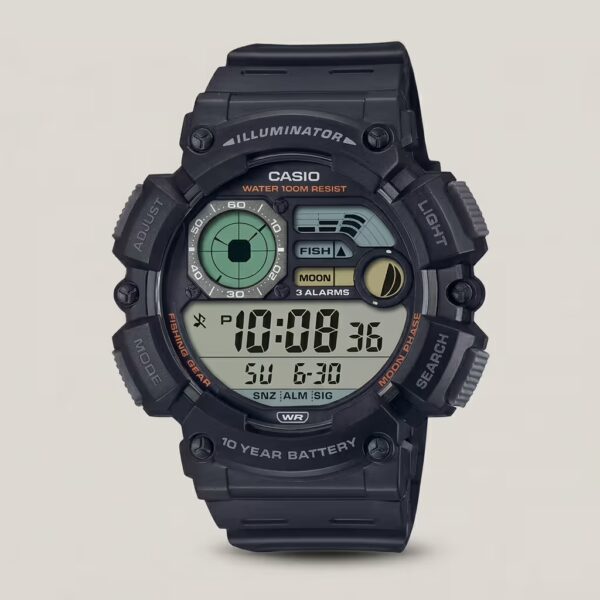 Casio WS-1500H-1A digital fishing watch with moon phase, countdown timer, amber LED light, and 100M water resistance – rugged choice for outdoor use.