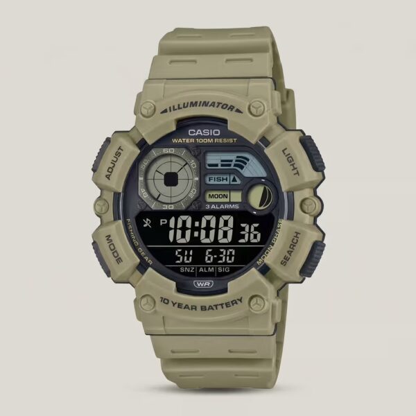 Casio WS-1500H-5BV brown outdoor digital watch with moon phase, fishing mode, amber LED light, and 100M water resistance – built for adventure and everyday wear.