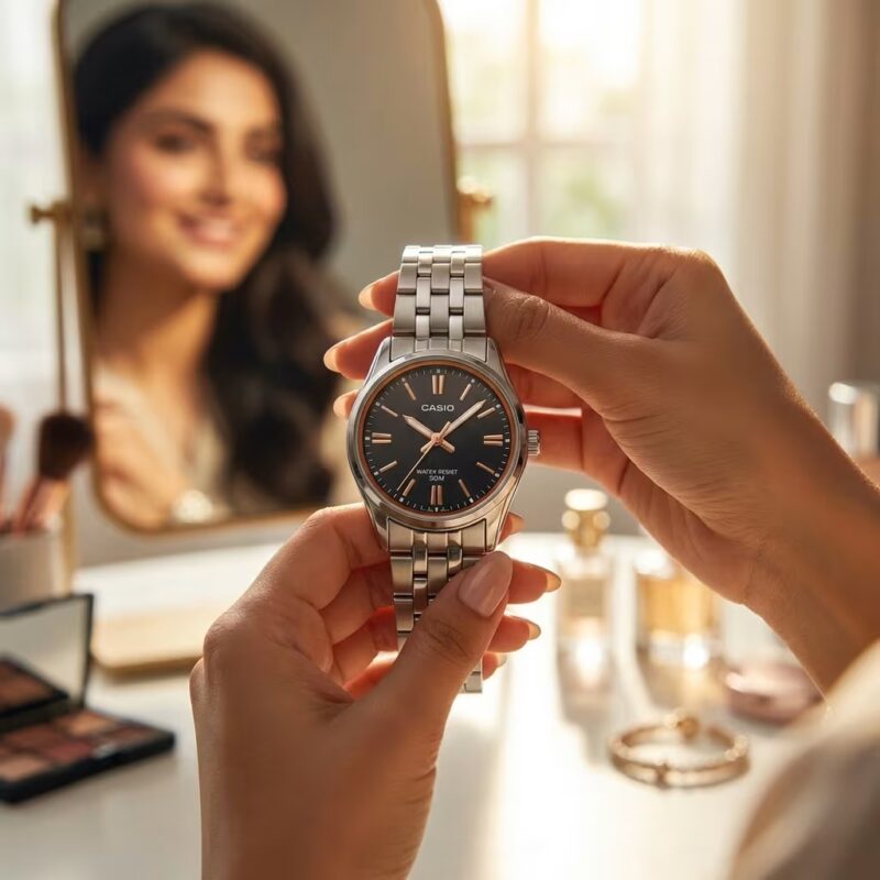 Woman checking watch while looking in the mirror
