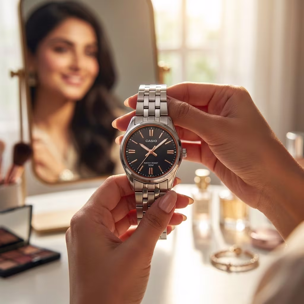 Woman checking watch while looking in the mirror