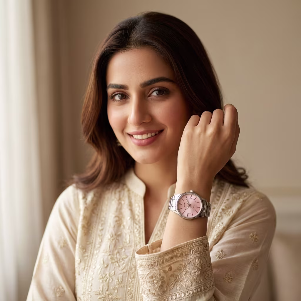 Woman wearing pink dial analog wrist watch