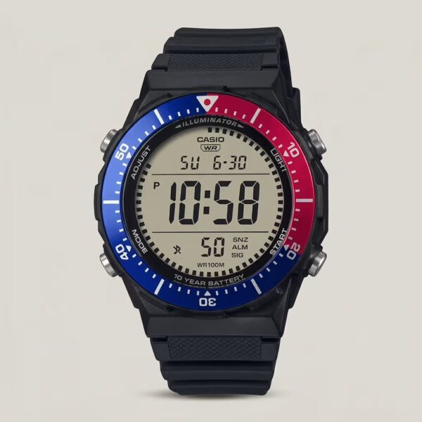 Casio AE-1700H-1A2V men's digital watch with red and blue bezel, black resin band, 100M water resistance and 10-year battery