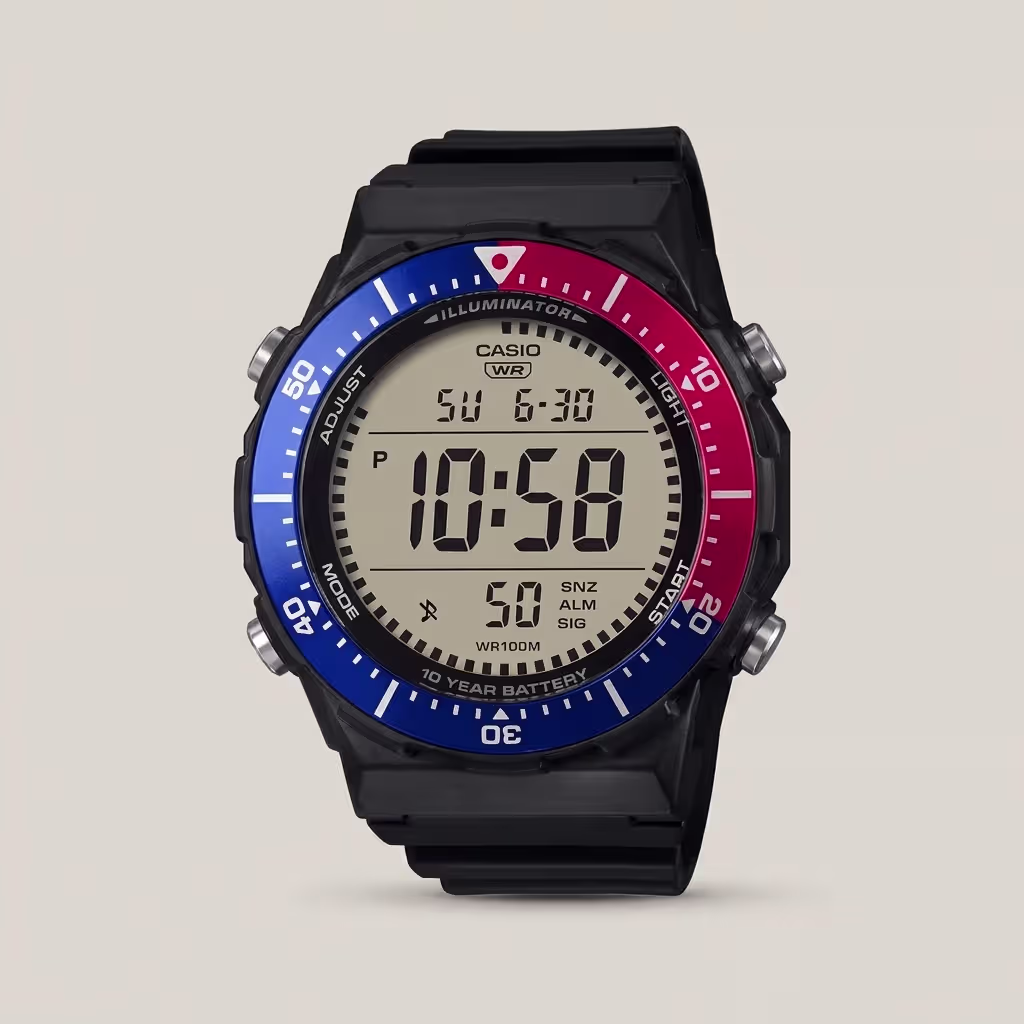 Casio AE-1700H-1A2V men's digital watch with red and blue bezel, black resin band, 100M water resistance and 10-year battery