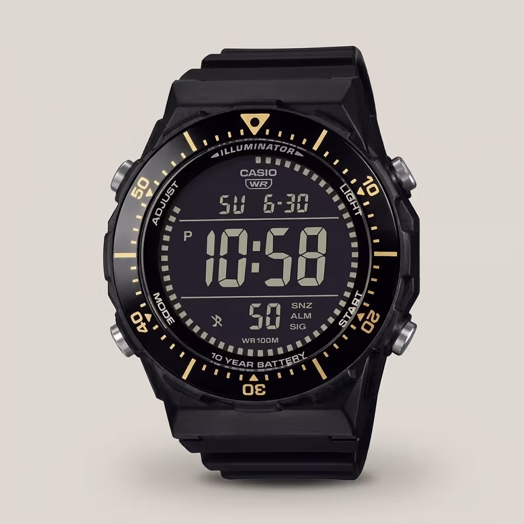 Casio AE-1700H-1BV men's digital watch with black resin band, 100M water resistance, dual time and 10-year battery